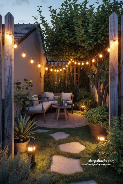 backyard garden lighting ideas to extend small outdoor spaces with warm string lights and cozy evening mood