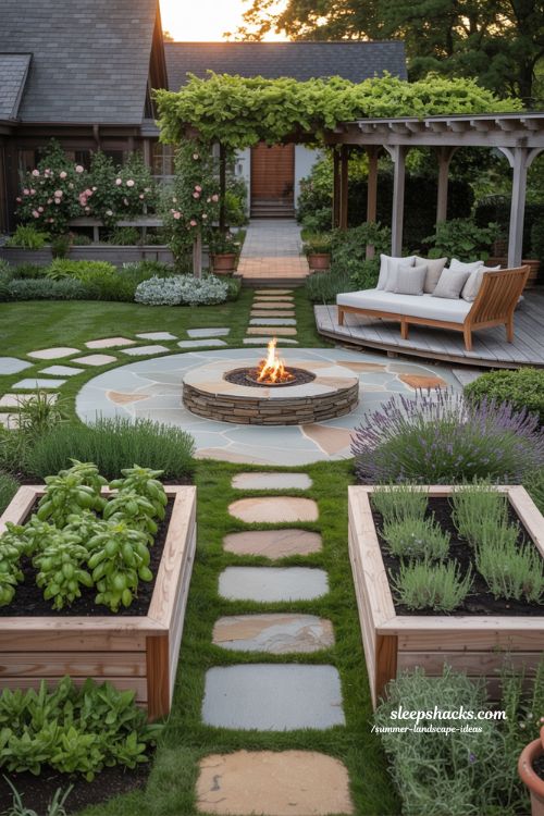 backyard landscape zones with relaxation area social fire pit and vegetable garden beds