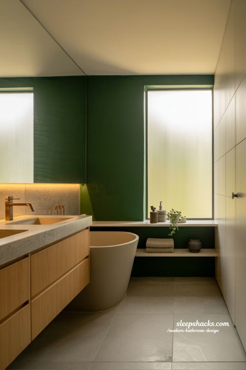 bold color modern bathroom design ideas with deep green accent wall and minimalist neutral interior balance