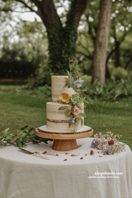 botanical wedding cake ideas with fresh flowers greenery and minimal elegant garden dessert styling