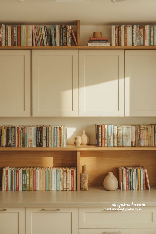 cookbook display above cabinet decor ideas with stacked books and cozy modern farmhouse kitchen mini library styling
