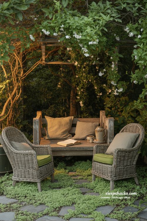 cozy backyard seating corner with wooden bench and wicker chairs in a shaded garden nook