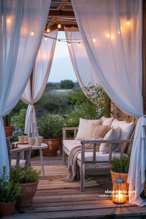 cozy outdoor curtains for patio styling ideas with lights plants and wood furniture