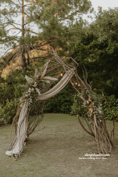 creative wedding arch ideas with wood metal fabric and unique natural materials for garden ceremony 