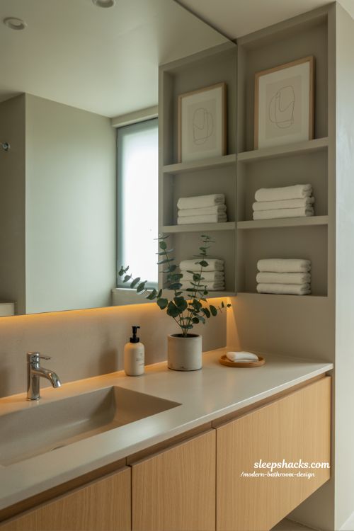 decorative touches for modern bathroom design with minimal plants and neutral accessories in calm spa style interior