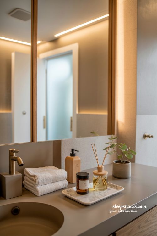 elegant guest bathroom ideas with hotel style warm neutral decor and thoughtful details
