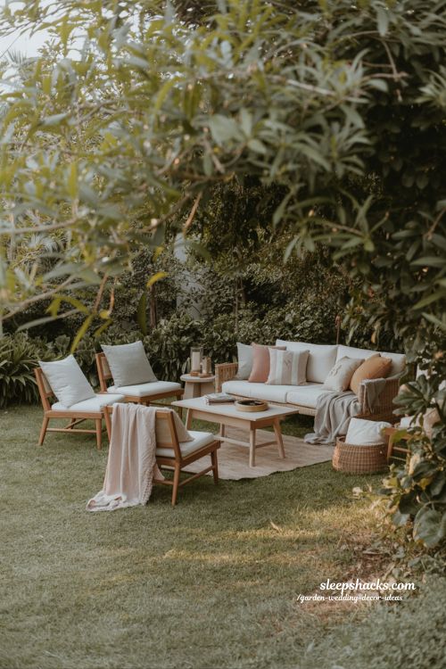 elegant outdoor wedding lounge seating ideas with cozy cushions and relaxed garden style 