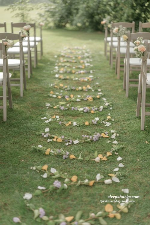 garden wedding aisle decoration ideas with petals and simple floral accents in a natural outdoor setting 