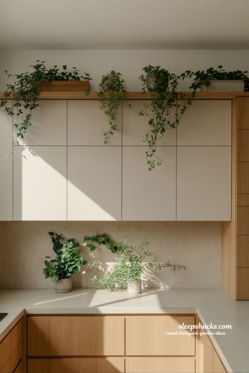 greenery above cabinet decor ideas with trailing plants that soften modern kitchen lines and create calm natural organic styling