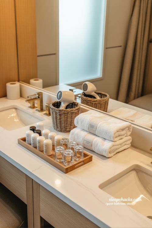 guest bathroom essentials setup for hotel like experience with organized modern vanity tray and luxury hospitality styling