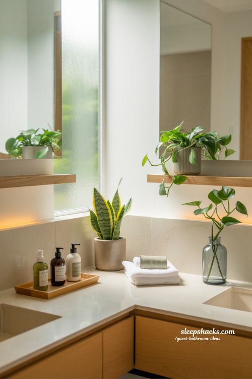 guest bathroom plant ideas with snake plants and natural greenery for fresh calming decor