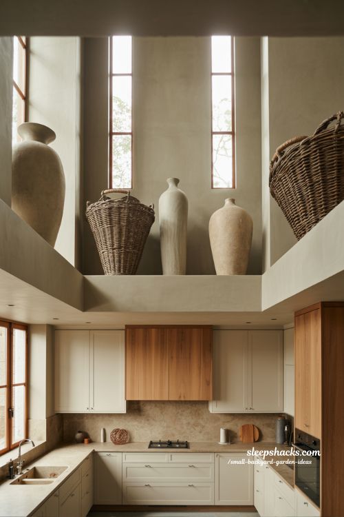 high ceiling above cabinet decor ideas with tall vases and oversized baskets for modern kitchen vertical space styling and balance