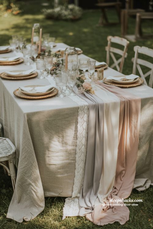 lace and linen wedding decor ideas with vintage elegant garden table styling and soft romantic textures 