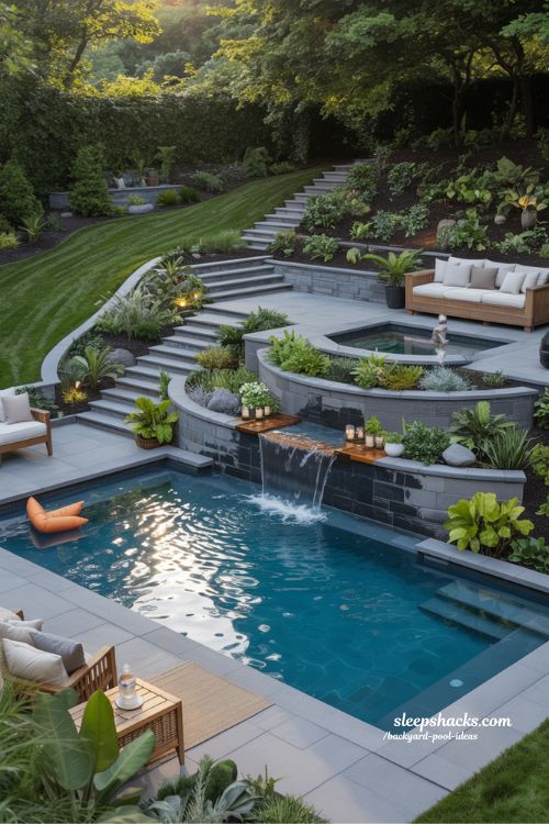 layered landscaping backyard pool ideas