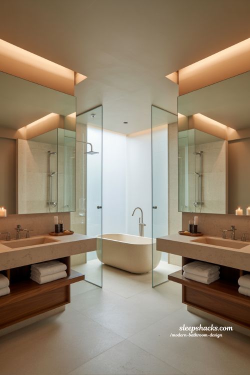 luxury modern bathroom design spa like interior with rainfall shower and freestanding bathtub in warm neutral tones