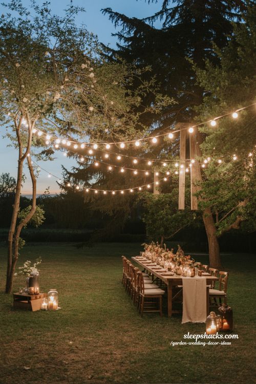 magical string light setups for outdoor wedding evenings with warm glow and cozy garden ambiance 