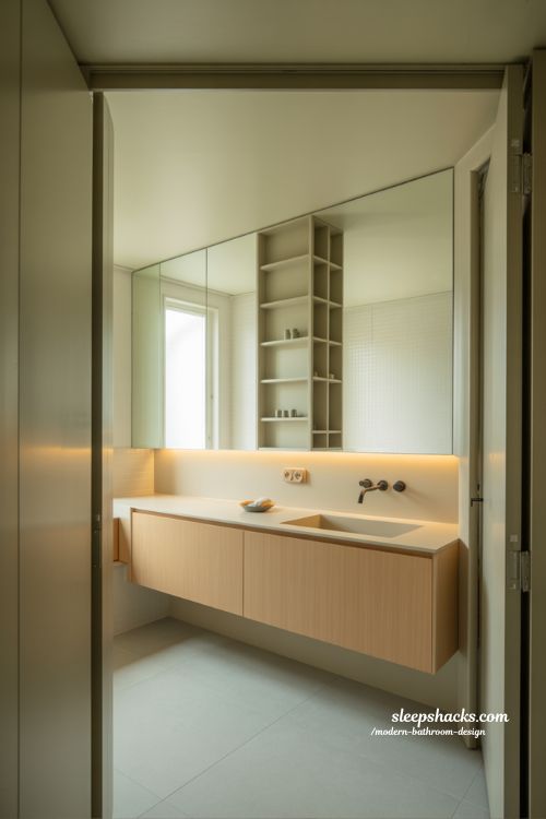 minimalist modern bathroom design for small spaces with floating vanity and large mirror in soft natural light