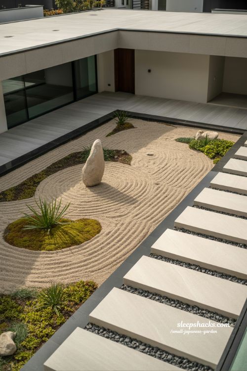 minimalist small japanese garden modern home exterior design with gravel stone and clean zen landscaping aesthetic