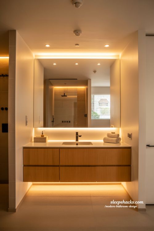 modern bathroom lighting ideas with layered warm LED glow and minimalist stylish interior design