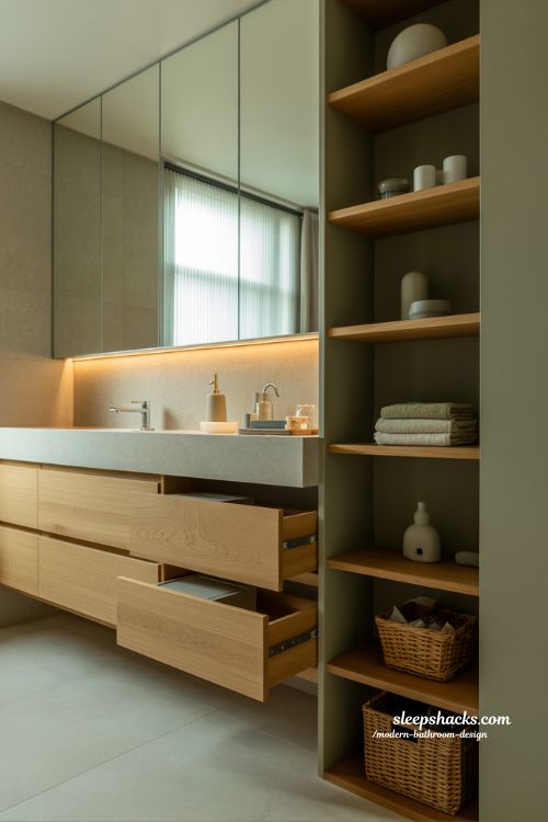 modern bathroom storage ideas with hidden cabinets and open shelves for clutter free minimalist design