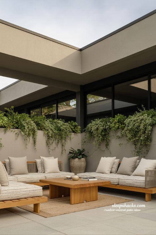 modern covered patio with warm textures wood accents and soft neutral outdoor seating design