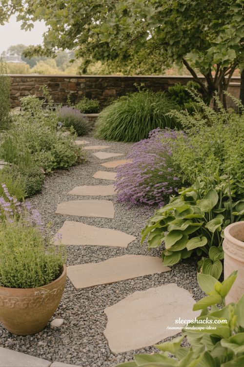 natural flagstone and gravel garden path winding through lush summer plantings