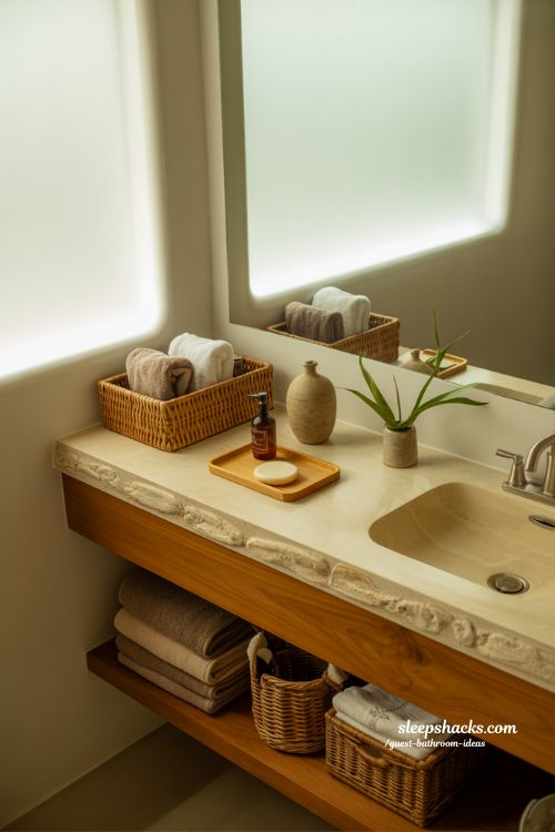 organic guest bathroom ideas with natural wood stone and calming earthy minimalist design