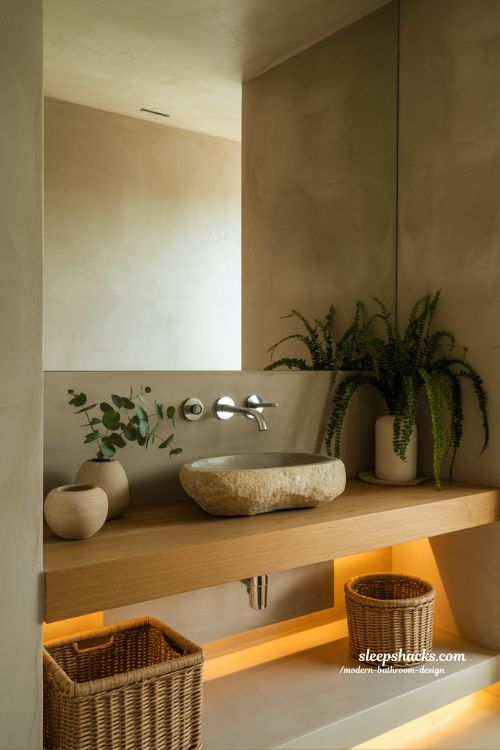 organic modern bathroom design with natural wood stone textures and greenery in calm spa like interior style