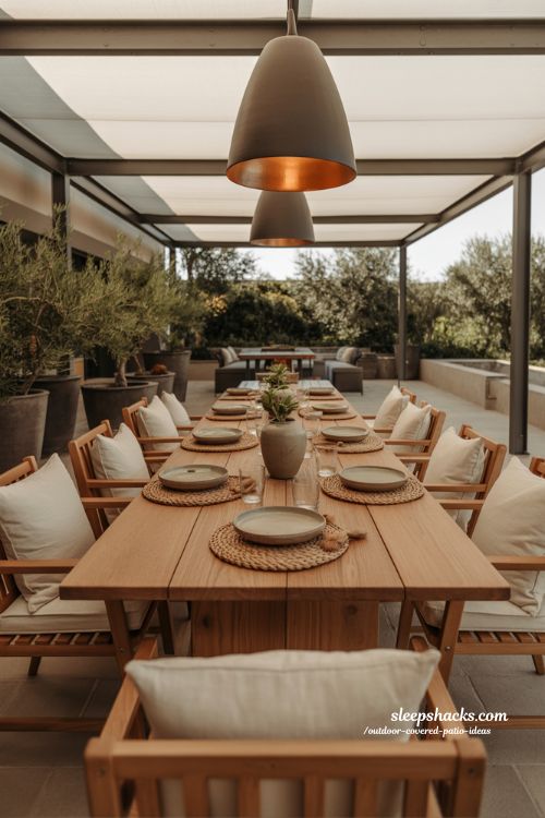 outdoor covered patio dining space with warm wooden table soft lighting and cozy rustic atmosphere