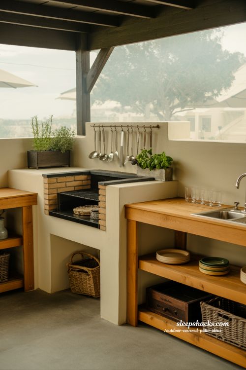 outdoor covered patio kitchen with grill and rustic dining space for cozy social gatherings