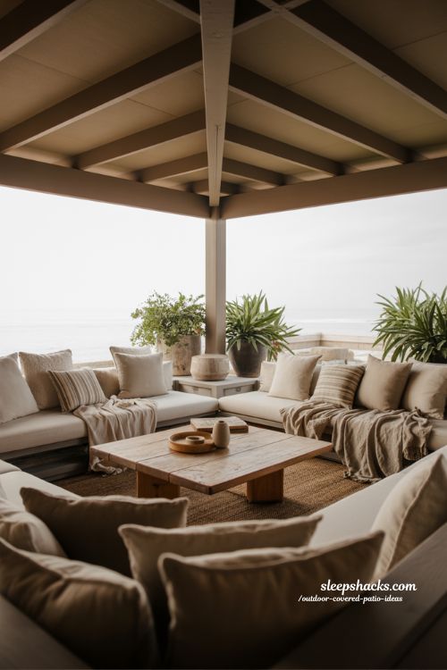 outdoor covered patio lounge with cozy sofa cushions low wooden table and relaxed living room style seating