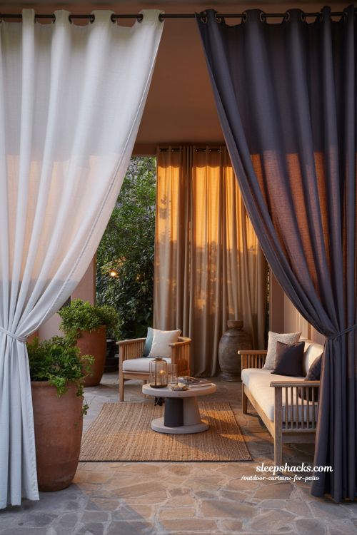 outdoor curtains for patio color ideas white beige navy cozy patio mood design