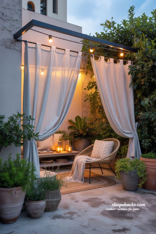 outdoor curtains for patio with plants and warm lights cozy patio retreat ideas