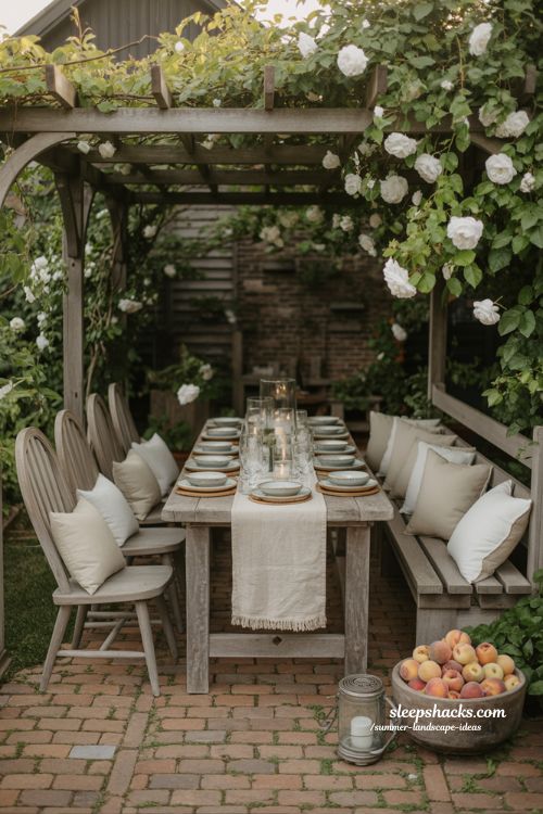 outdoor dining area with rustic wooden table under a vine covered pergola for summer entertaining