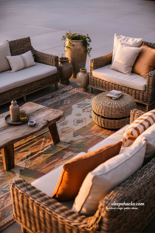 outdoor rugs patio ideas boho textured patio with woven furniture and warm earthy relaxed evening styling