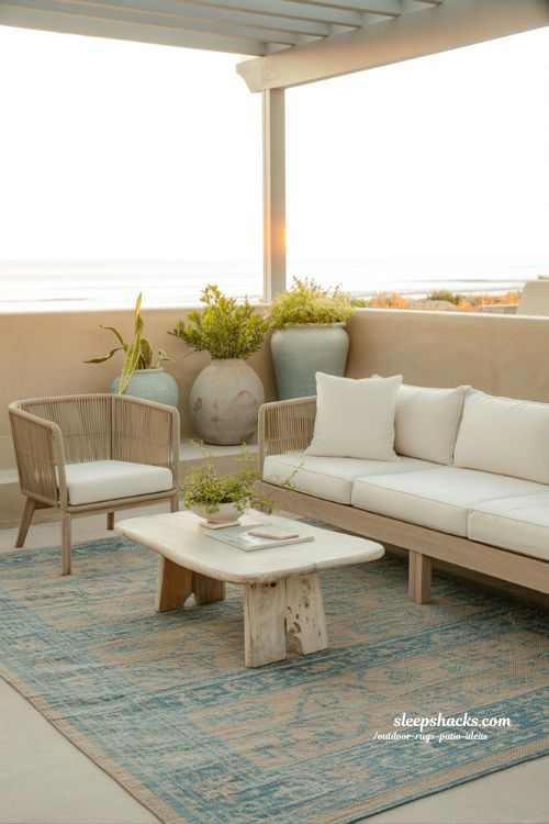 outdoor rugs patio ideas coastal blue rug patio styling with soft seaside tones and relaxed modern outdoor seating