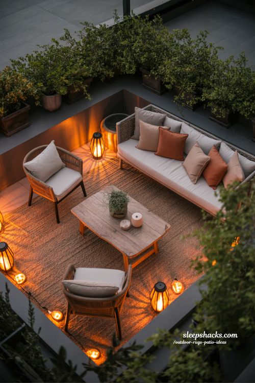 outdoor rugs patio ideas cozy evening lighting patio rug styling with warm cinematic outdoor ambiance and soft glow seating area