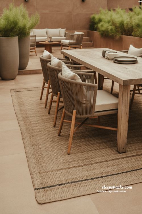 outdoor rugs patio ideas dining area rug under table outdoor space zoning with warm modern natural styling