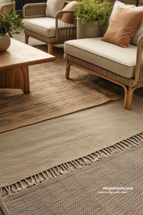 outdoor rugs patio ideas layered rugs neutral patio styling with textured rug depth and cozy modern outdoor seating