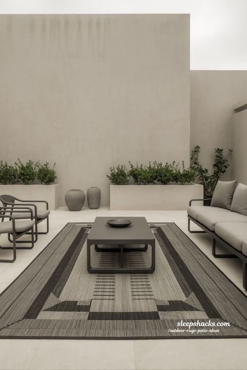 outdoor rugs patio ideas minimal monochrome patio styling with black white rug and modern clean outdoor design