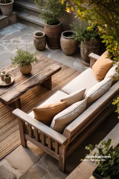 outdoor rugs patio ideas rustic wooden patio furniture with soft rug grounding and natural earthy outdoor styling