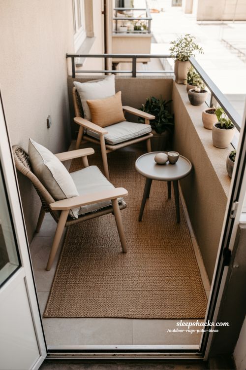 outdoor rugs patio ideas small balcony rug layout with cozy seating and space maximizing minimalist outdoor design