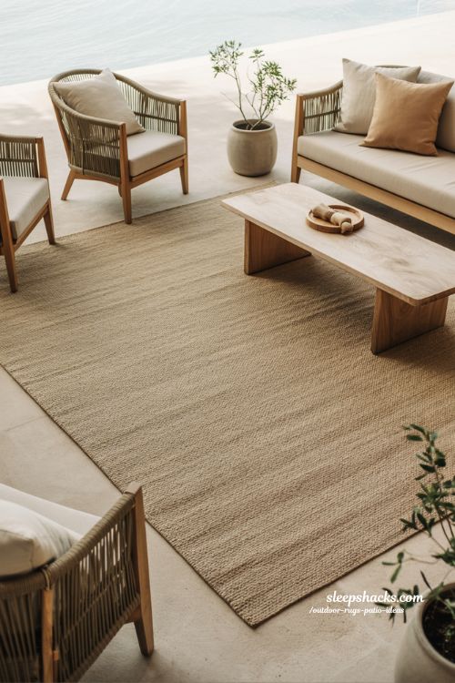 outdoor rugs patio ideas soft neutral layered patio with beige rug wood furniture and calm minimalist outdoor styling