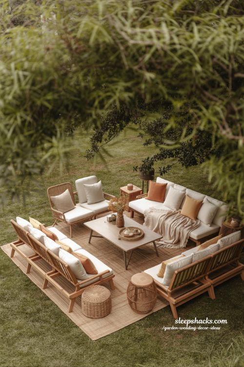 outdoor wedding rug decor ideas with cozy lounge seating and natural boho garden styling 