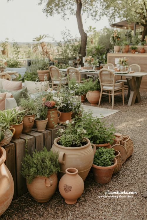 potted plants and terracotta wedding decor ideas with natural earthy garden accents and reusable details 