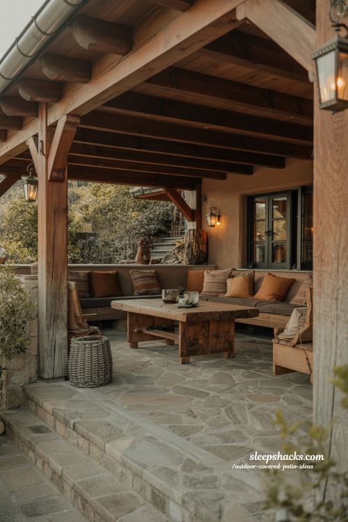 rustic covered patio with wooden beams stone flooring and warm countryside evening lighting