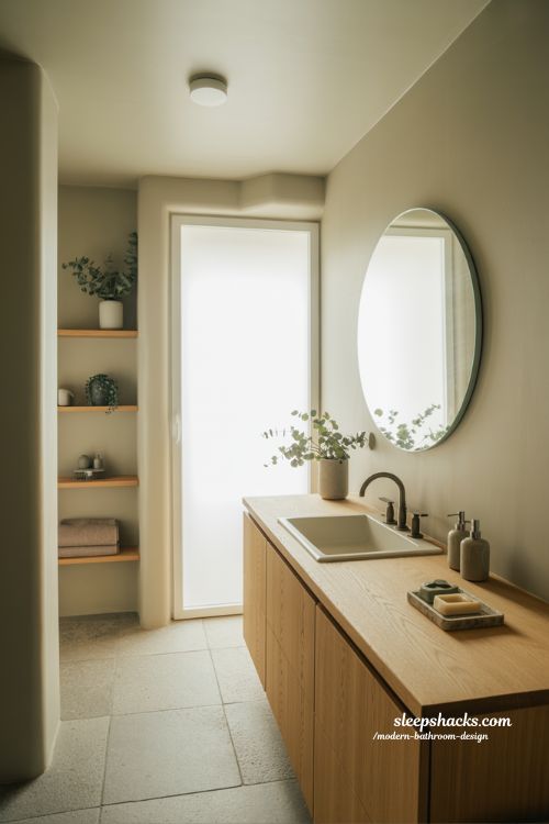 scandinavian modern bathroom design with wood vanity and minimal greenery in soft natural morning light