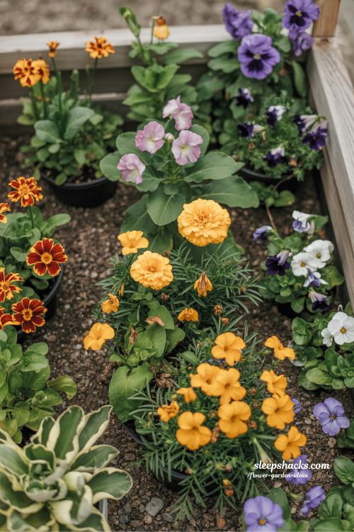 Create a clean, beginner-friendly garden scene featuring easy-to-grow flowers such as marigolds, petunias, pansies, and daisies arranged in a simple, uncluttered layout. Include a small garden path or a cozy corner to give structure, keeping the composition minimal yet inviting. Natural sunlight highlights the textures of petals, leaves, and soil, with every part sharply in focus. The scene should feel approachable, cheerful, and encouraging, showing that even a small, straightforward garden can be beautiful and satisfying for beginners. Keywords/Focus: simple flower garden ideas, beginner-friendly garden, easy flower garden setup