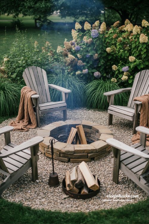 simple stone fire pit area with wooden chairs and summer garden landscaping
