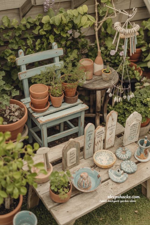 small backyard garden decor ideas with personal handmade touches and creative upcycled outdoor styling